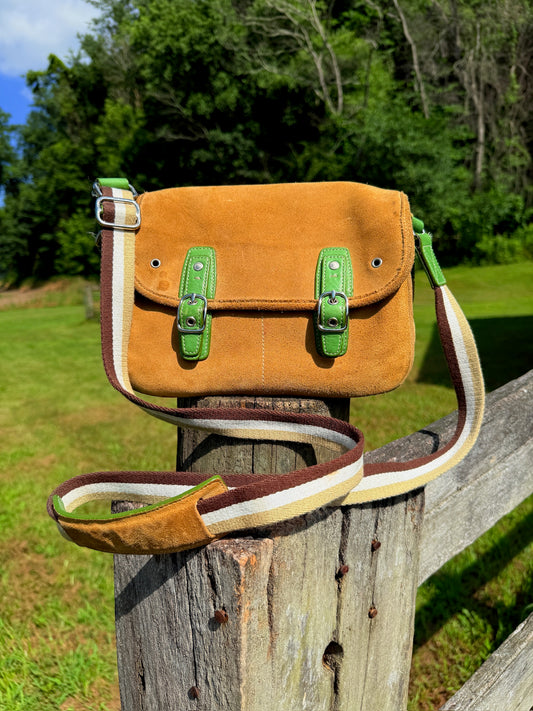 Y2K Coach Tan Suede Leather Green Accent Crossbody Bag