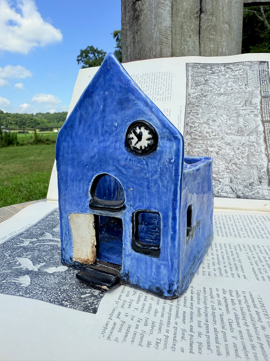 Vintage 1980s/90s Ceramic "Blue House" Plant Pocket/Tea Light Holder