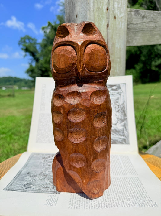 Vintage 1970s Hand-Carved Wood Folk Art Owl Statue