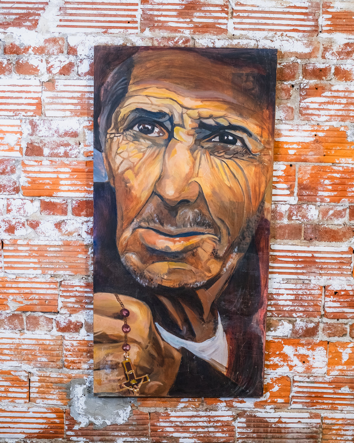 Vintage Large "Old Man with Rosary" Oil On Board Painting