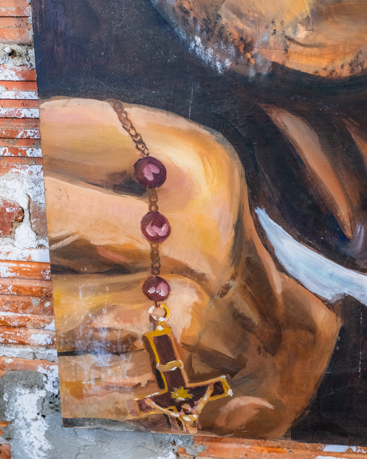 Vintage Large "Old Man with Rosary" Oil On Board Painting