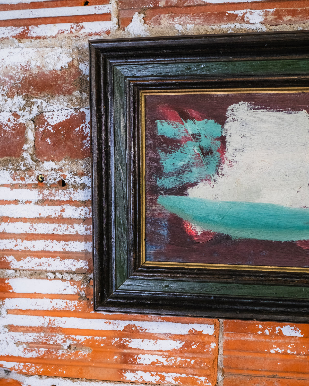 Vintage Wood Framed Abstract Sailboat Oil On Canvas Painting