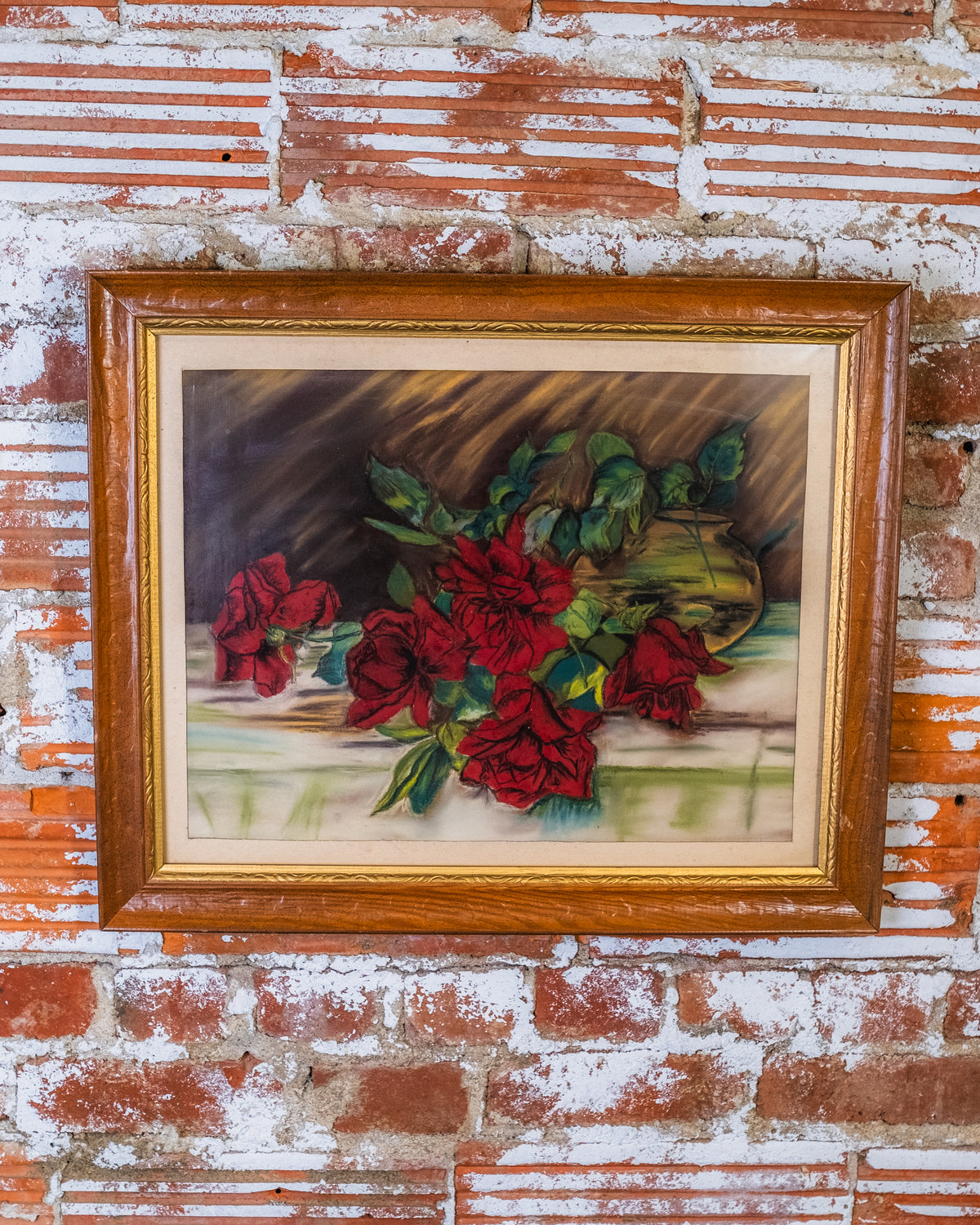 Antique 1900's Framed Roses On Table Stilllife Artwork