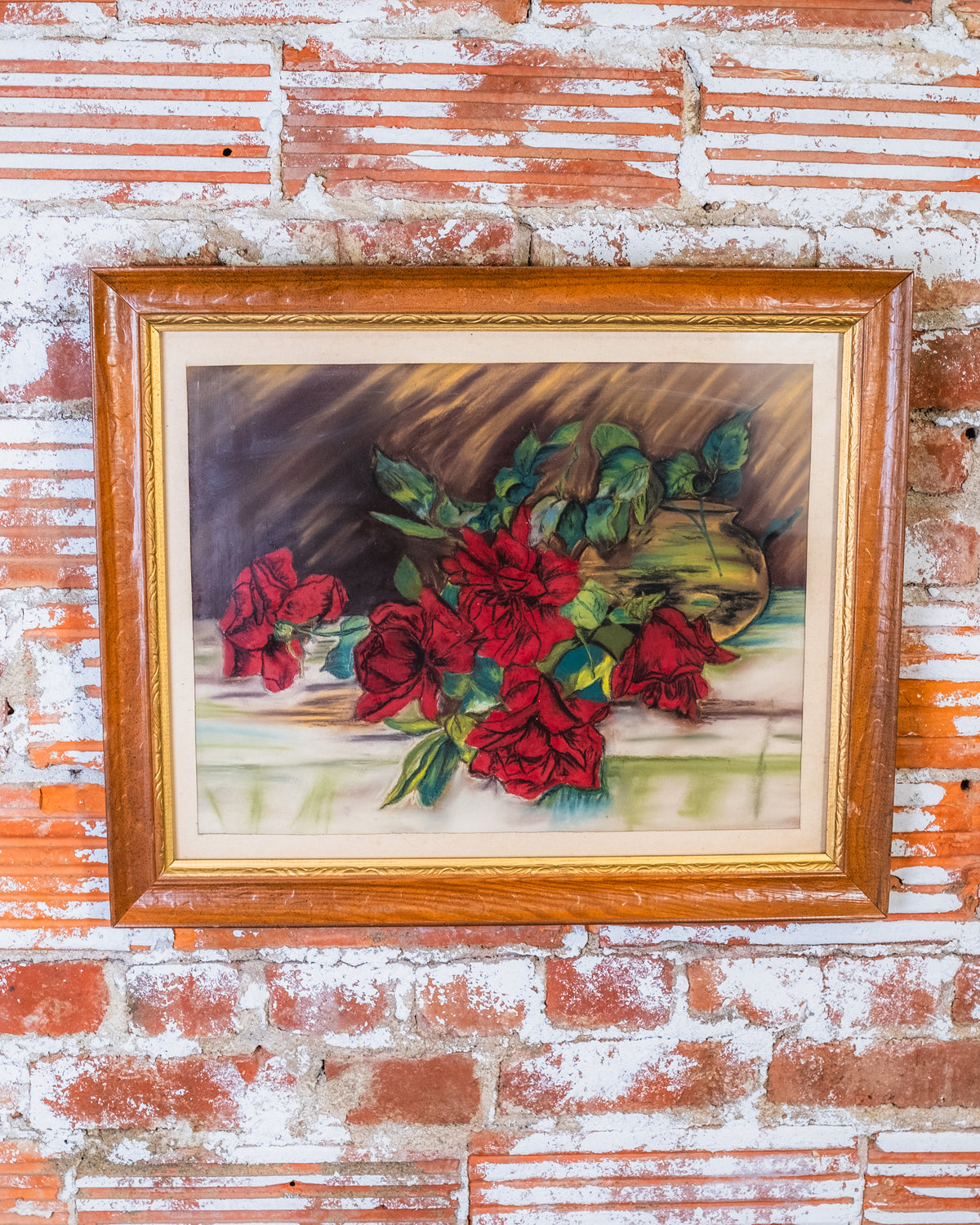 Antique 1900's Framed Roses On Table Stilllife Artwork