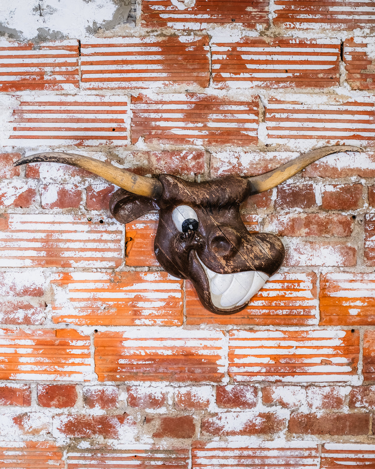 Vintage Handmade Wood Grinning Longhorn Wall Hanging