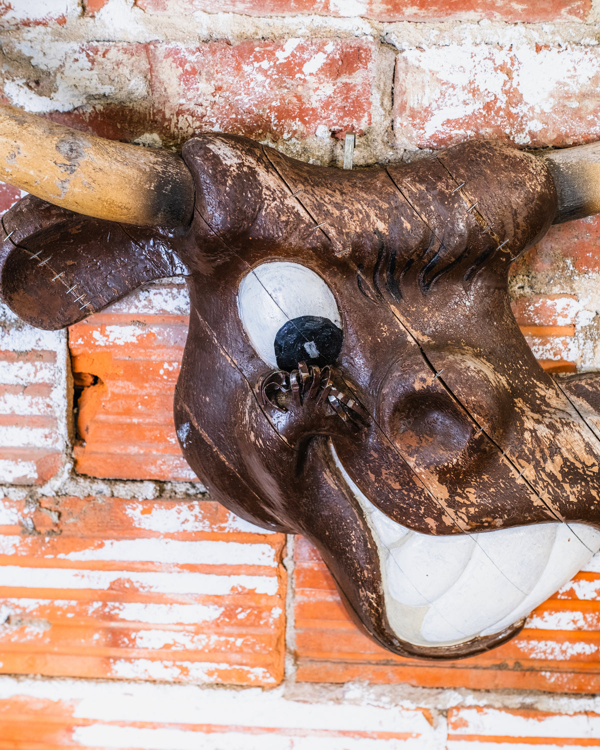 Vintage Handmade Wood Grinning Longhorn Wall Hanging