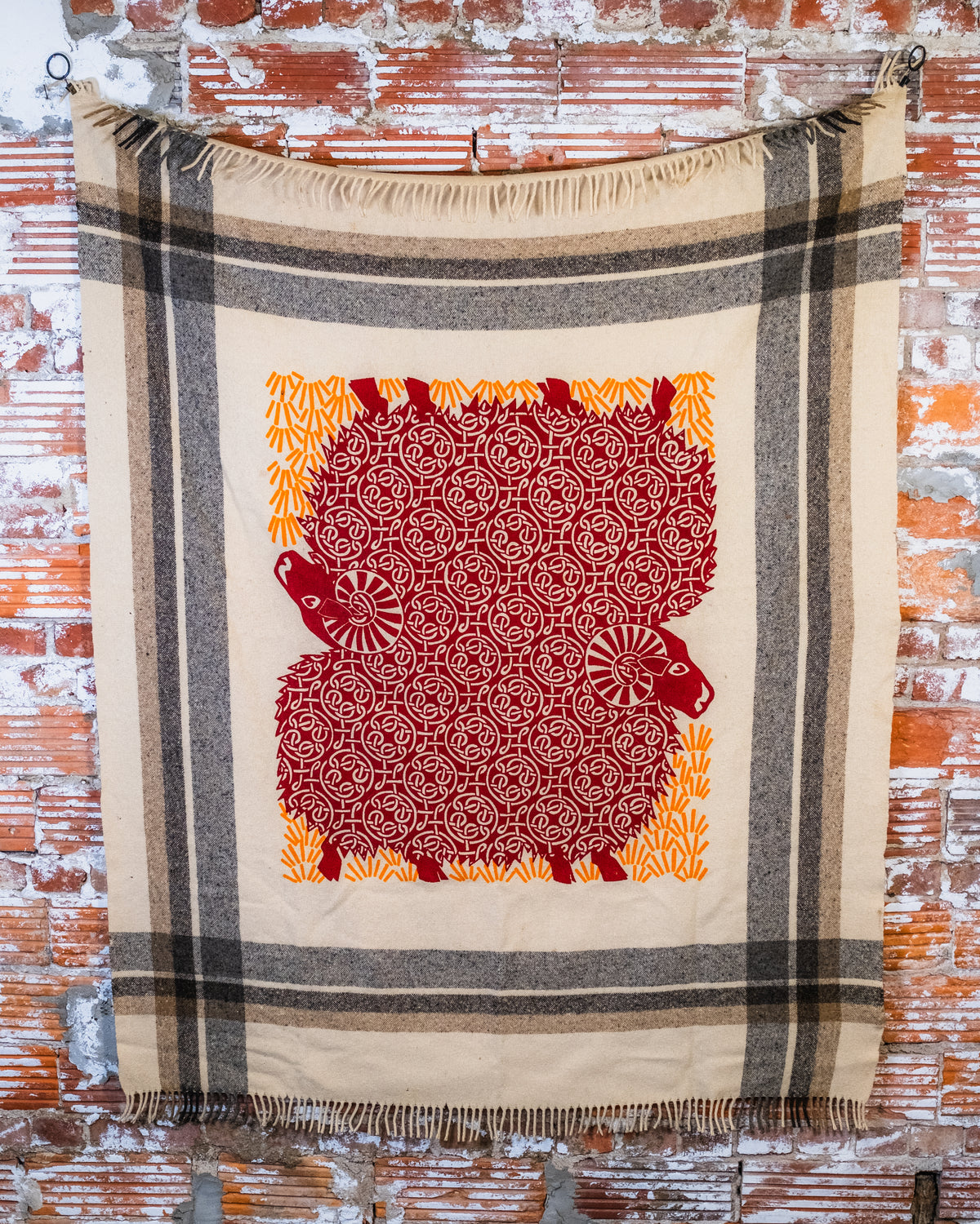 Vintage Cream & Burgundy Sheep Pattern 100% Wool Blanket