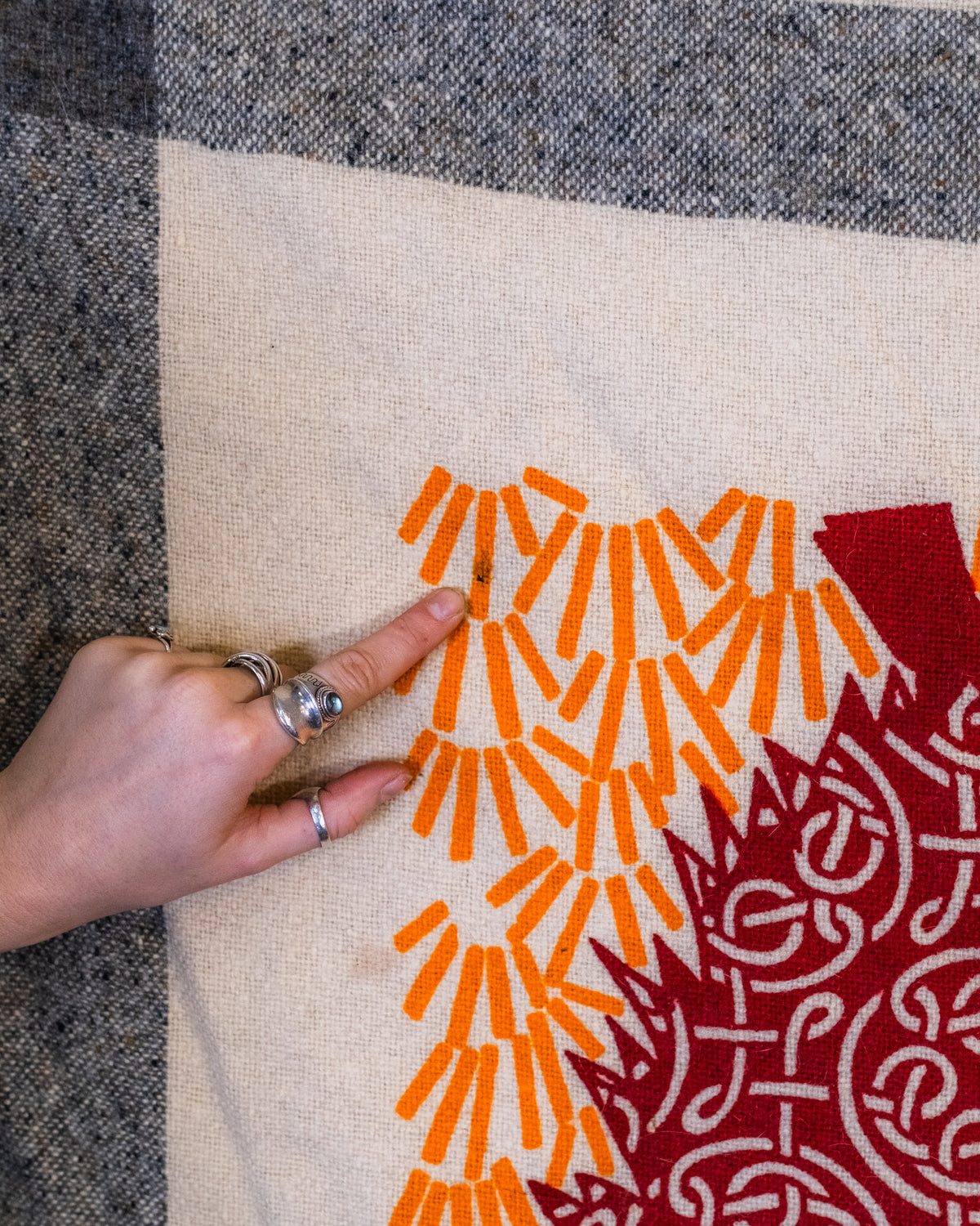 Vintage Cream & Burgundy Sheep Pattern 100% Wool Blanket