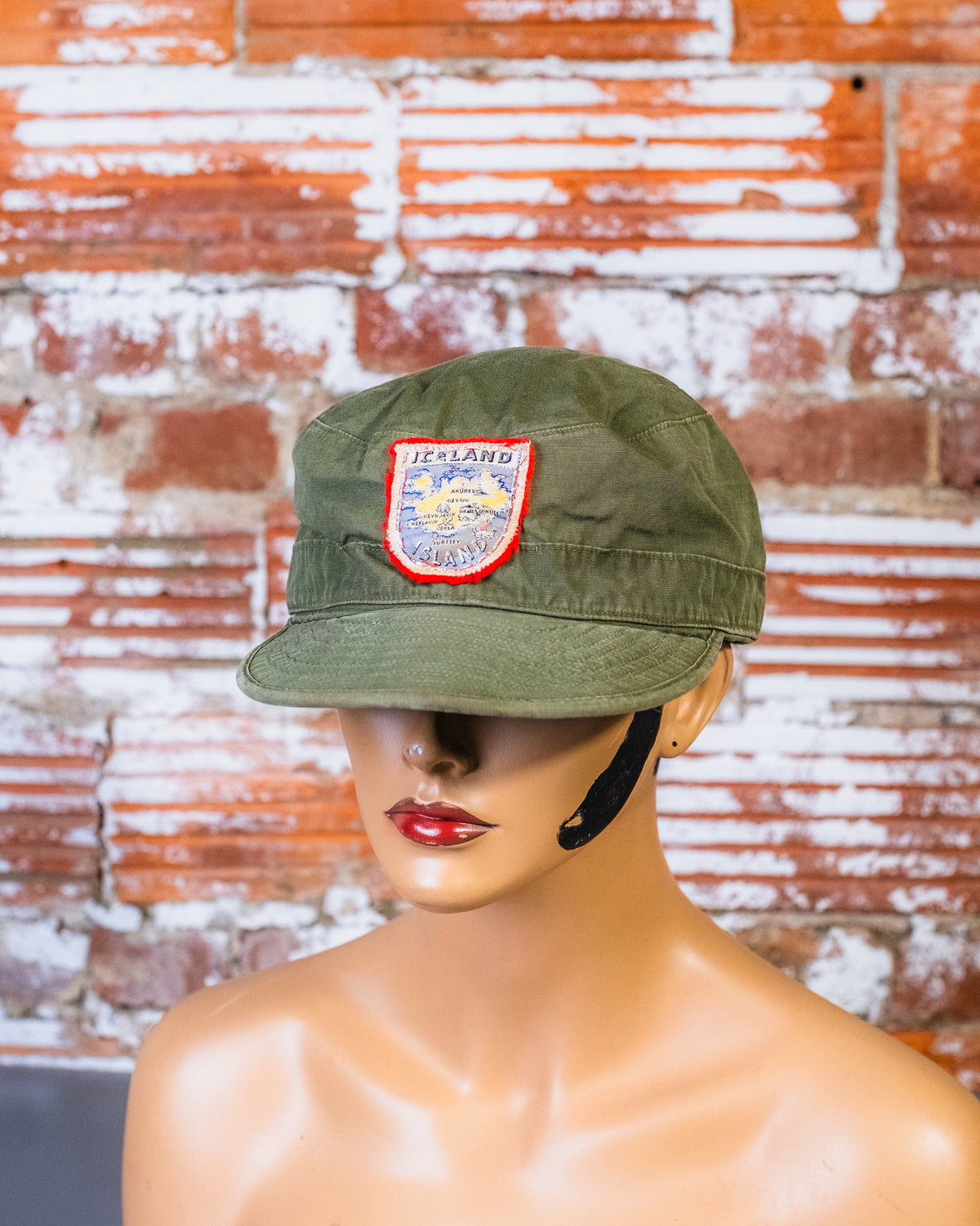 Vintage 1950's Green Military Field Canvas Iceland Patch Hat