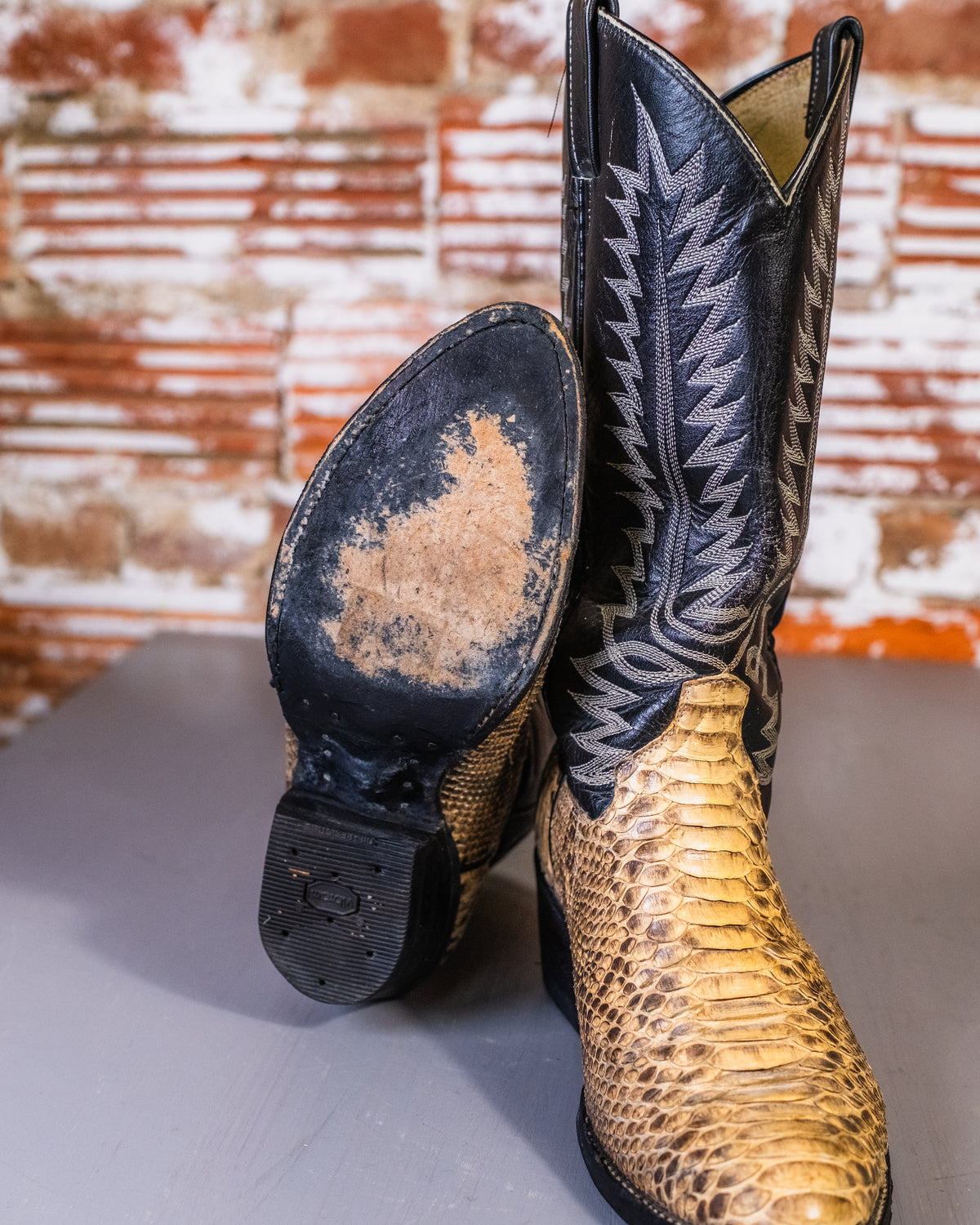 Vintage Black Leather & Genuine Snakeskin Cowboy Boots