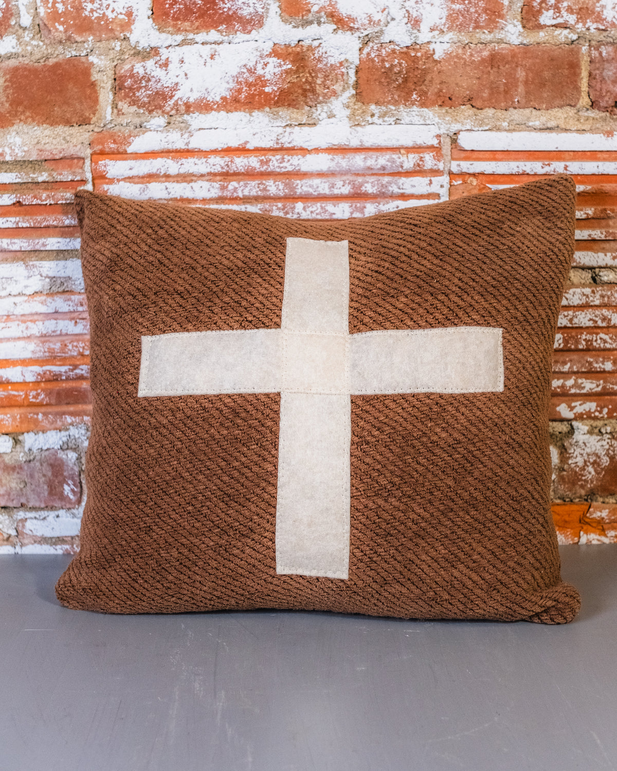 Vintage Style Brown & White Swiss Cross Patched Throw Pillow