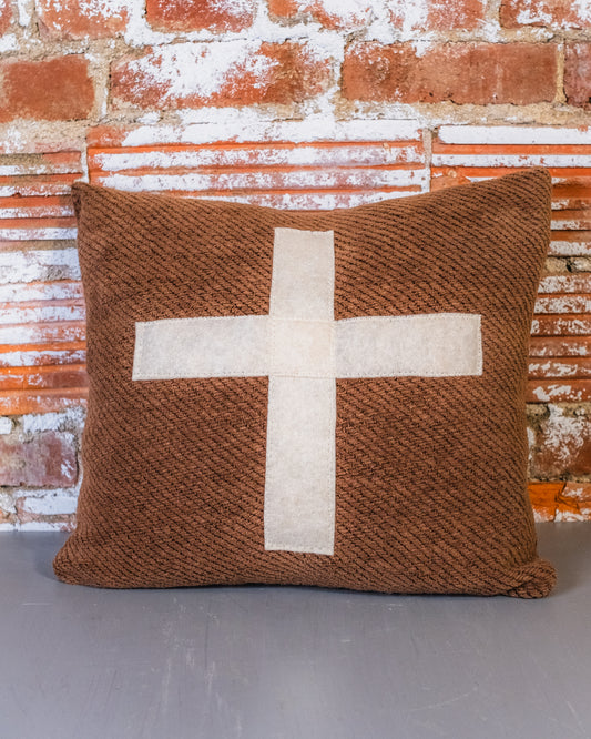 Vintage Style Brown & White Swiss Cross Patched Throw Pillow