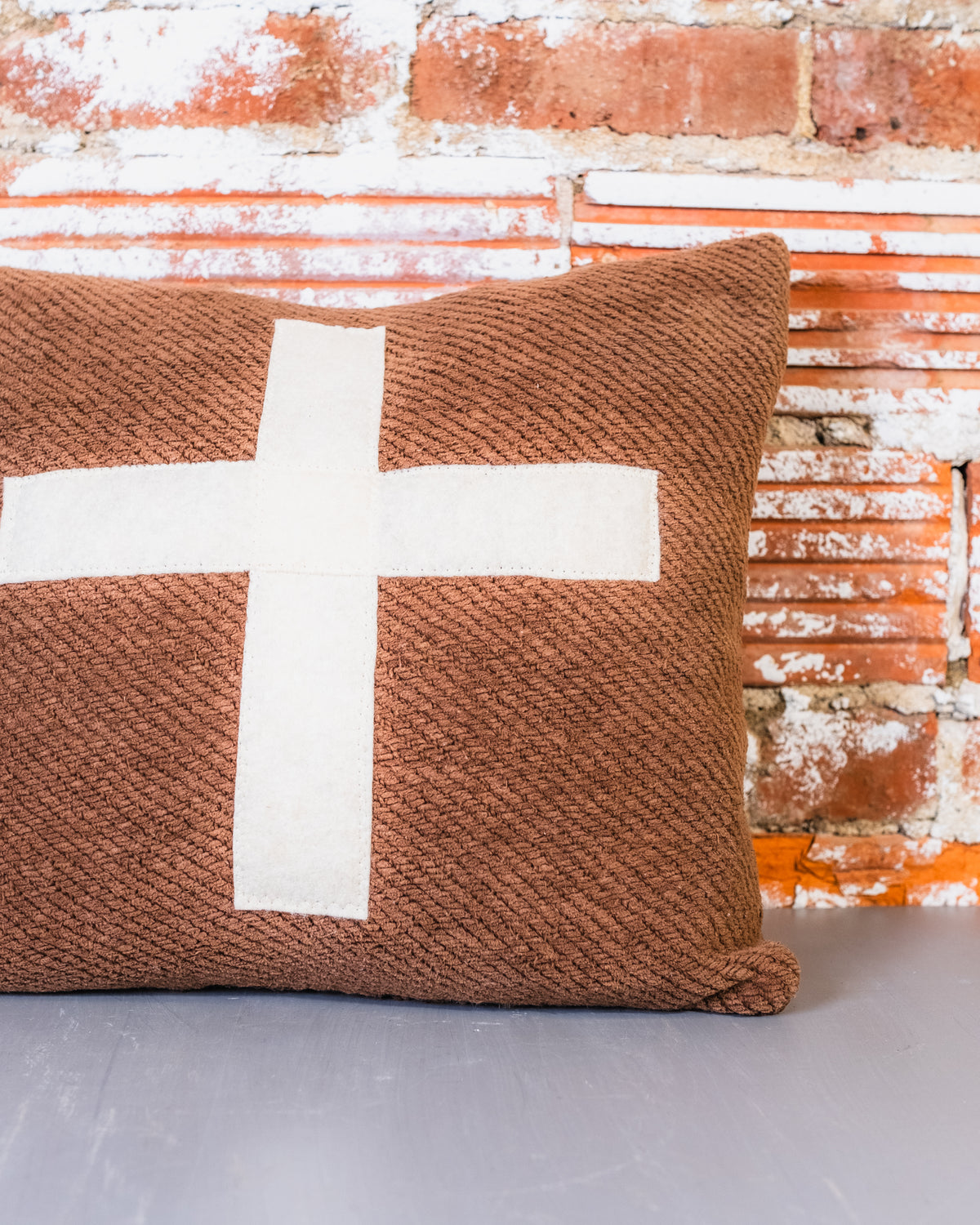 Vintage Style Brown & White Swiss Cross Patched Throw Pillow