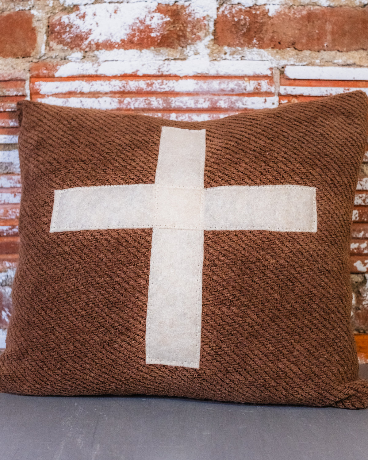 Vintage Style Brown & White Swiss Cross Patched Throw Pillow