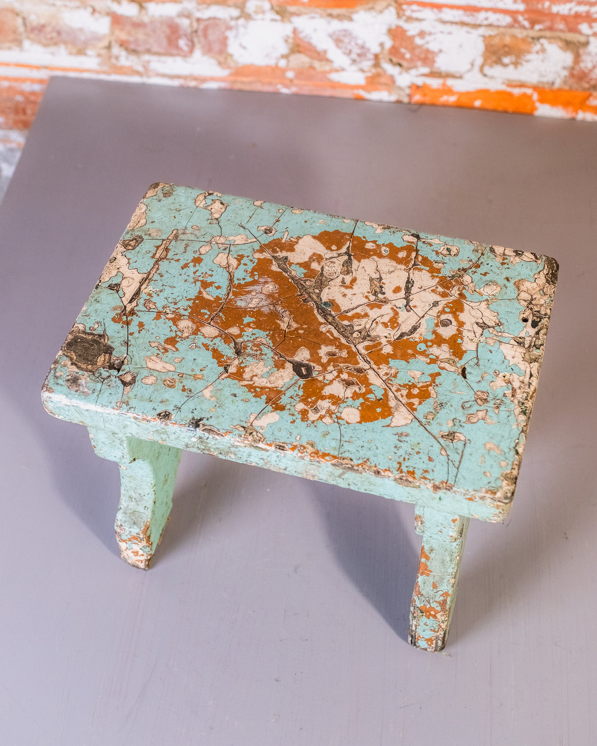 Antique 1900’s Wood Teal Chipped Paint Footstool