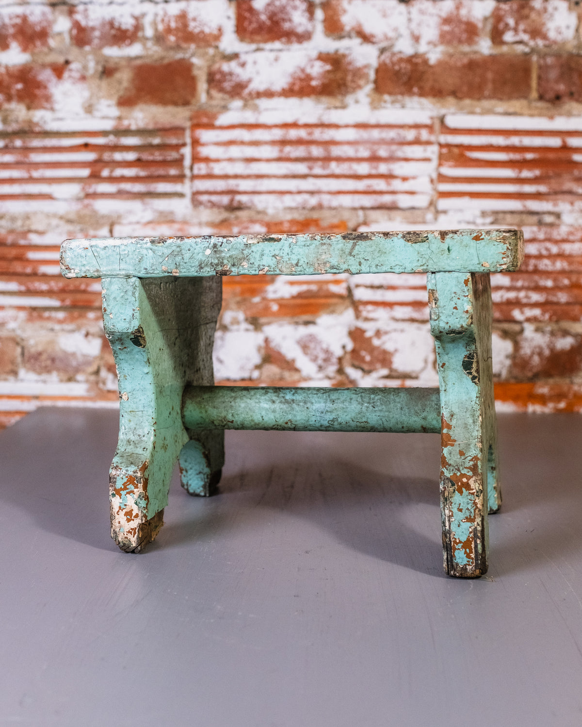 Antique 1900’s Wood Teal Chipped Paint Footstool