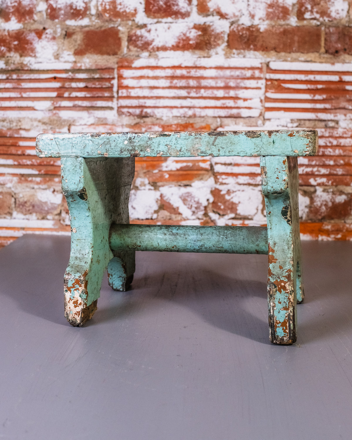 Antique 1900’s Wood Teal Chipped Paint Footstool