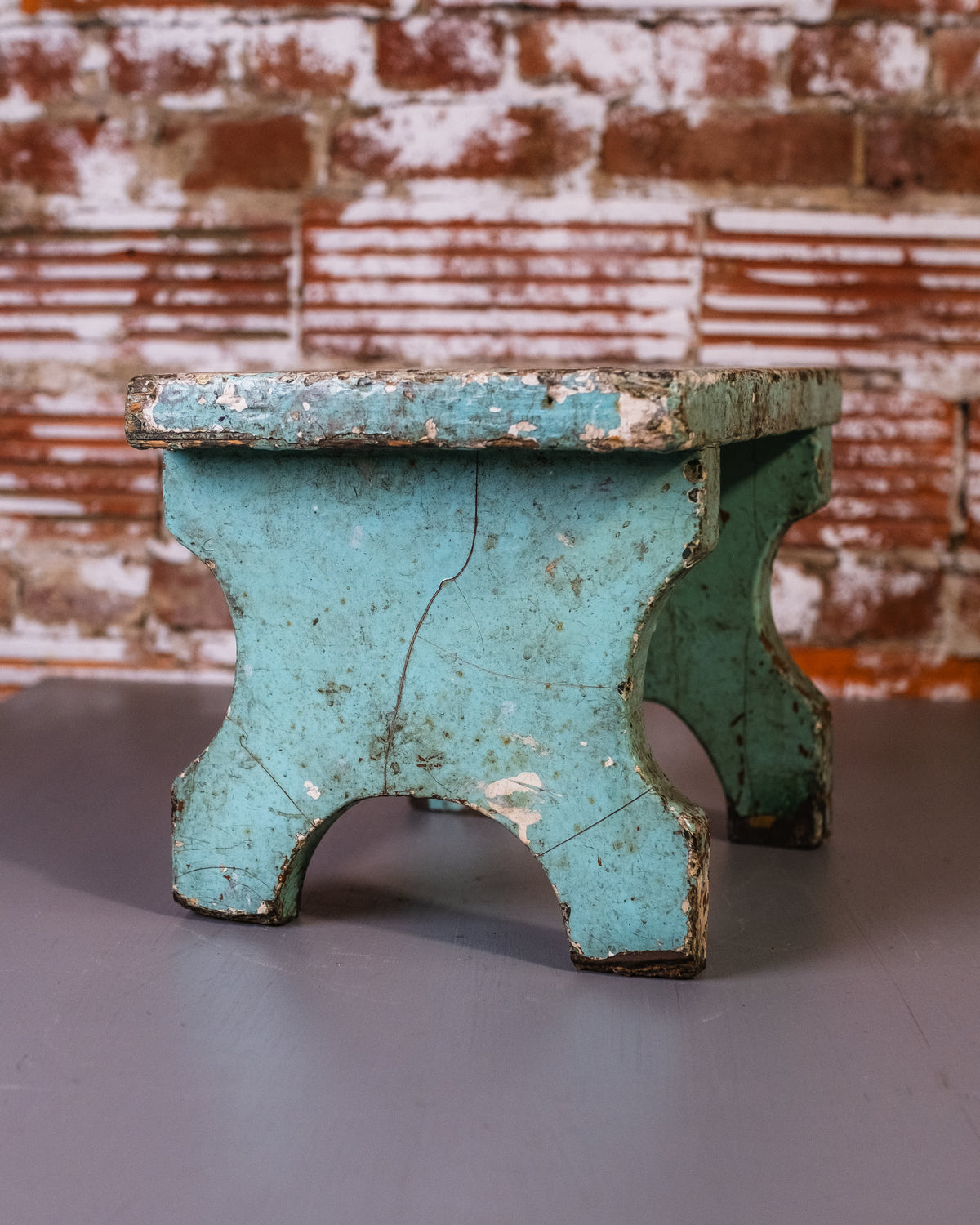 Antique 1900’s Wood Teal Chipped Paint Footstool