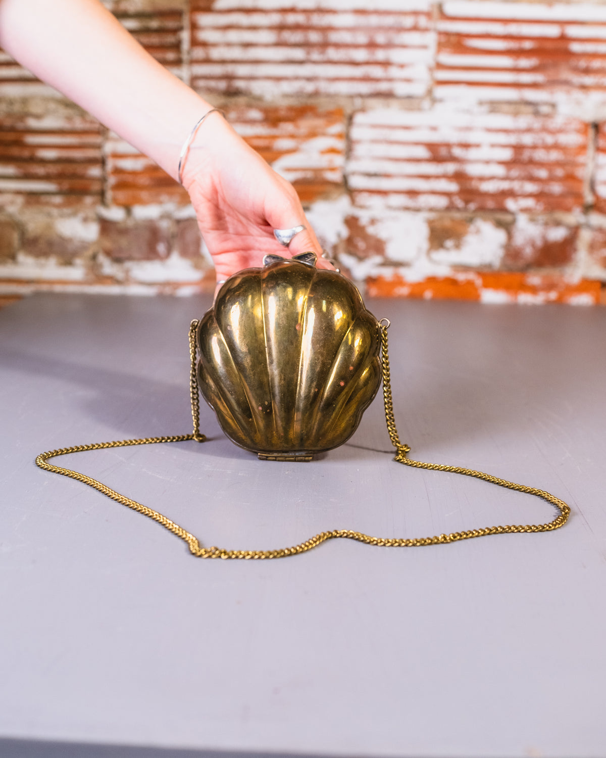 Vintage 1970’s/80’s Solid Brass Clam Shell Crossbody Purse