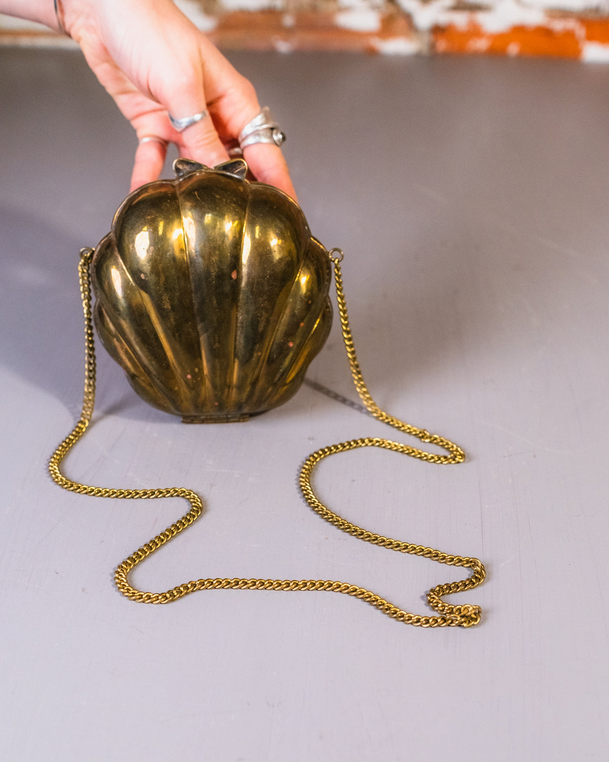 Vintage 1970’s/80’s Solid Brass Clam Shell Crossbody Purse