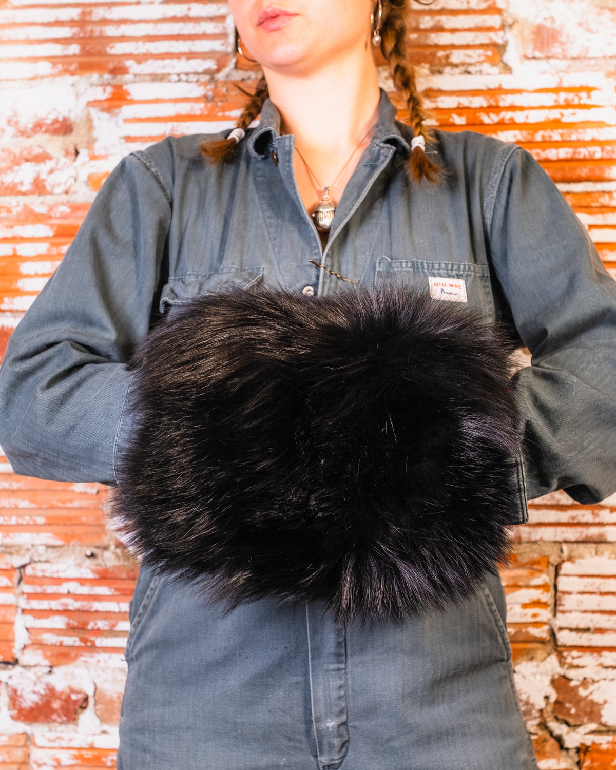 Vintage 1950's Black Genuine Fox Fur Hand Muff