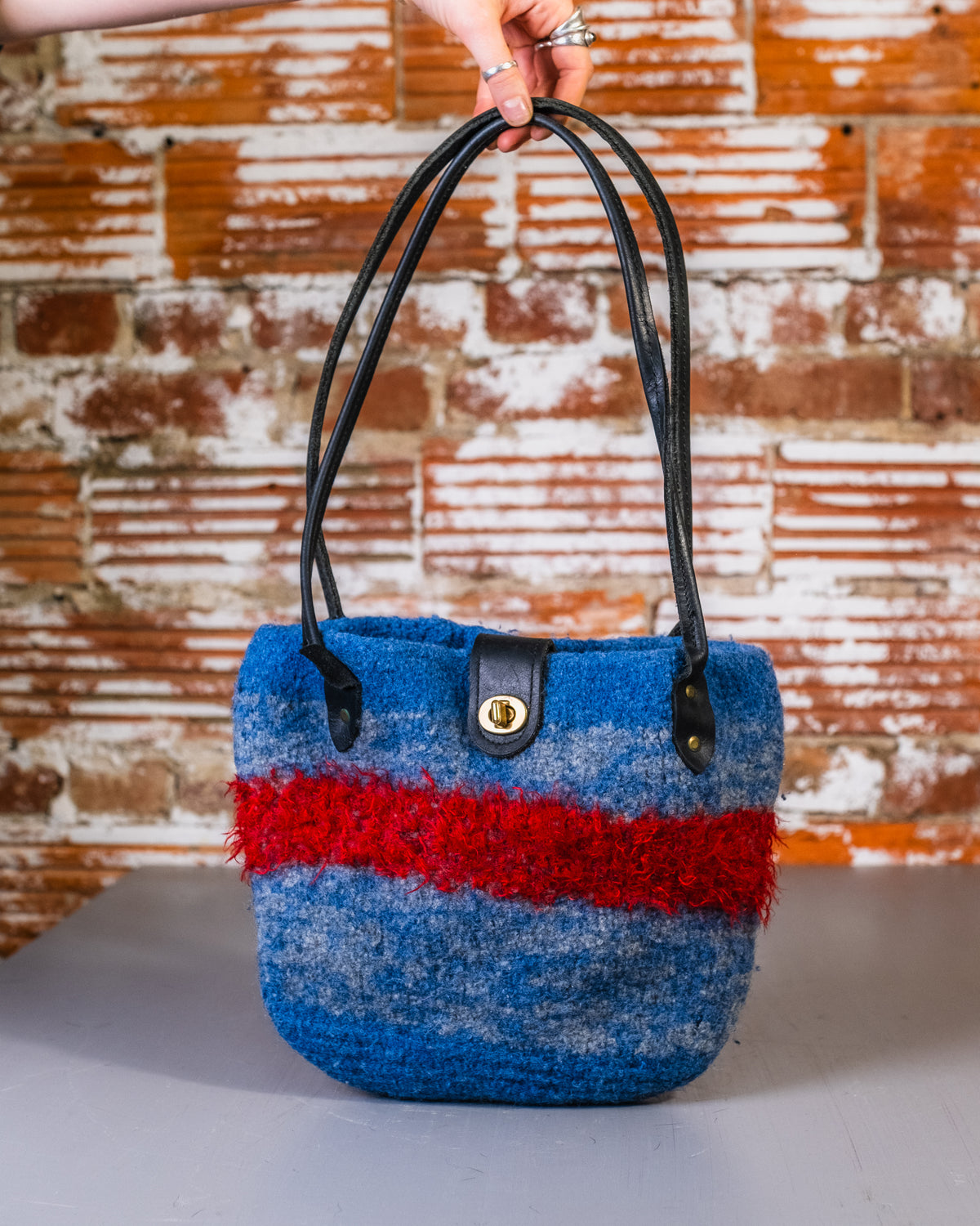 Vintage Handmade Boiled Wool Blue & Red Striped Leather Handle Shoulder Bag