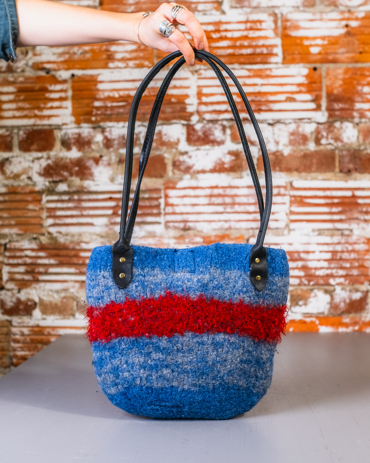 Vintage Handmade Boiled Wool Blue & Red Striped Leather Handle Shoulder Bag
