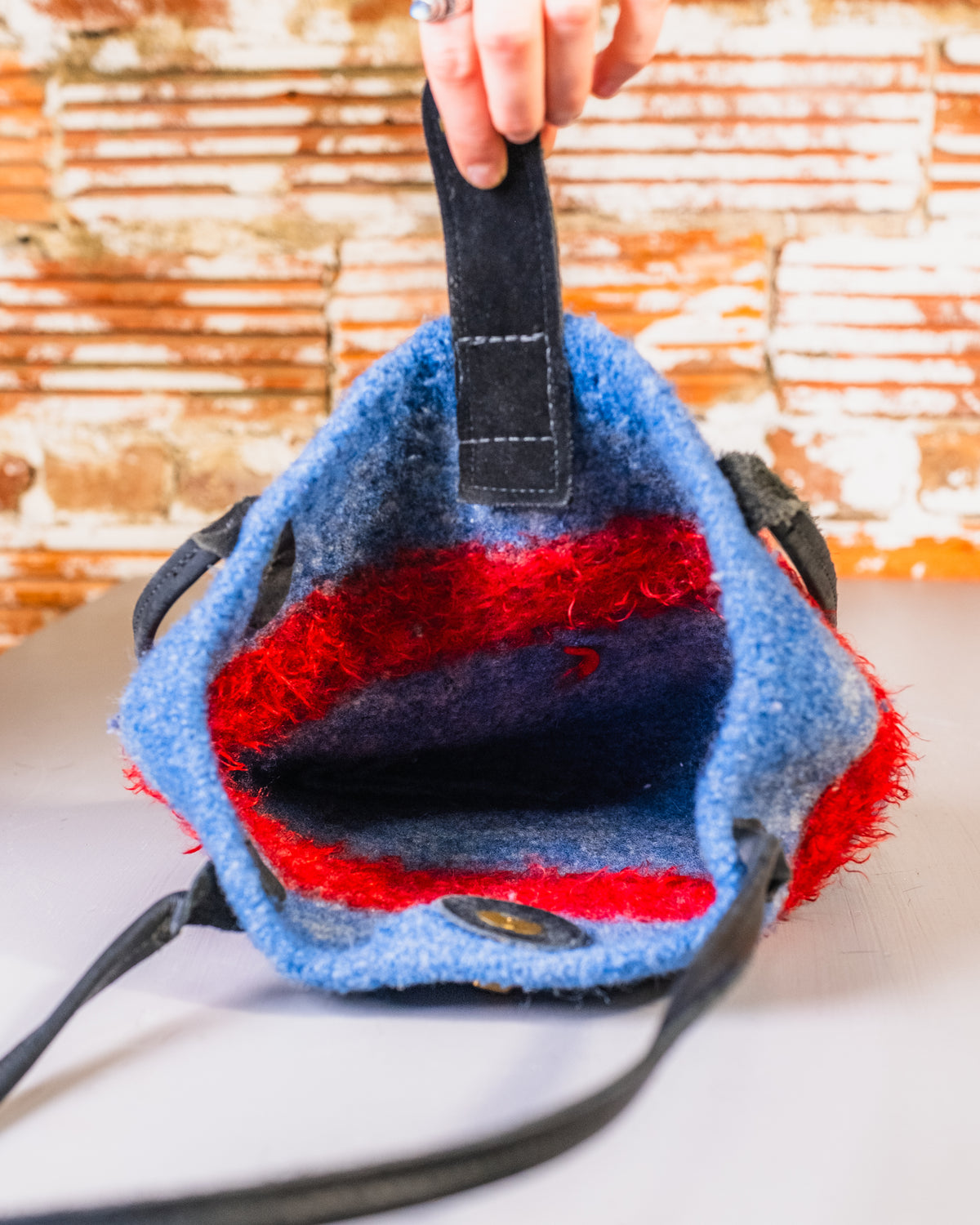 Vintage Handmade Boiled Wool Blue & Red Striped Leather Handle Shoulder Bag