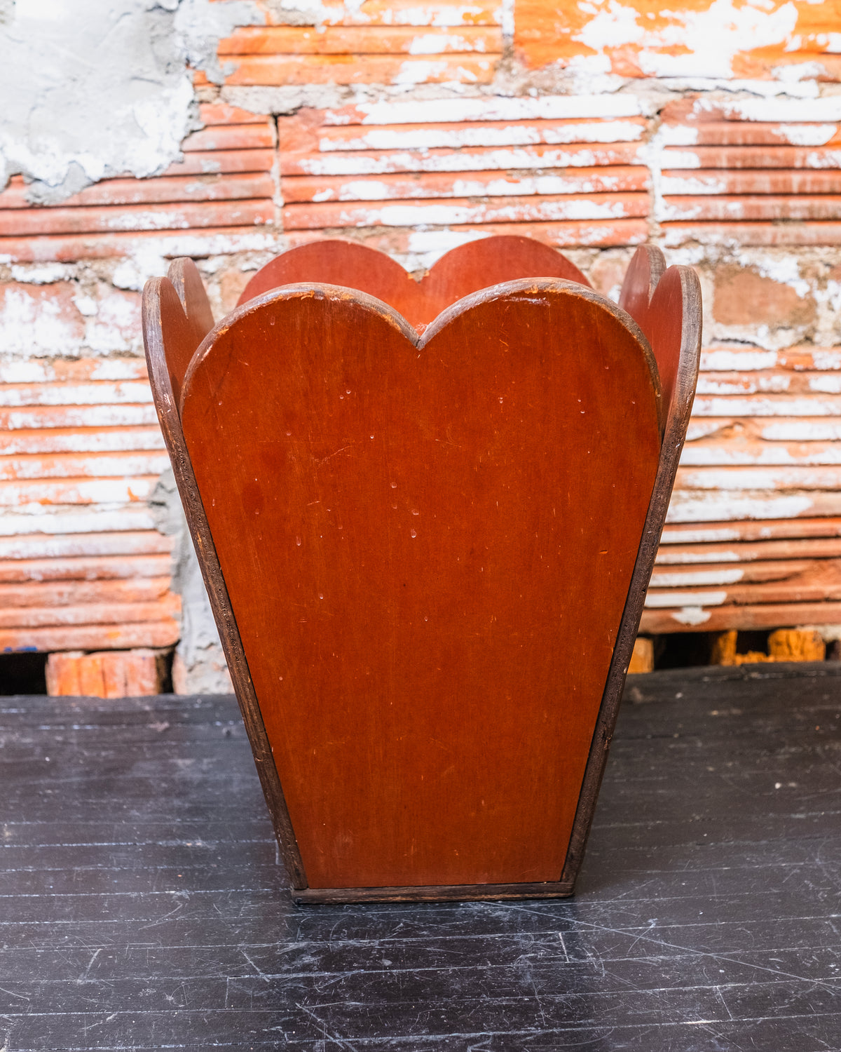 Vintage Arts & Crafts Style Wood Scalloped Top Waste Basket
