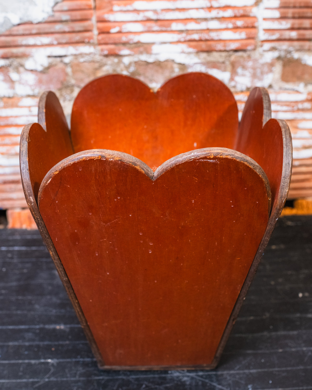 Vintage Arts & Crafts Style Wood Scalloped Top Waste Basket