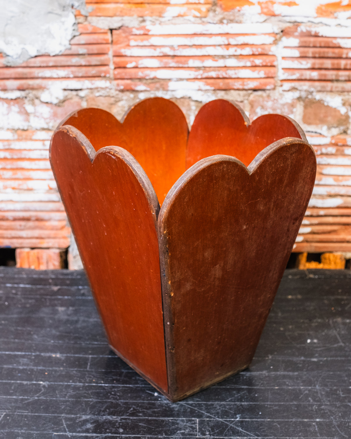 Vintage Arts & Crafts Style Wood Scalloped Top Waste Basket