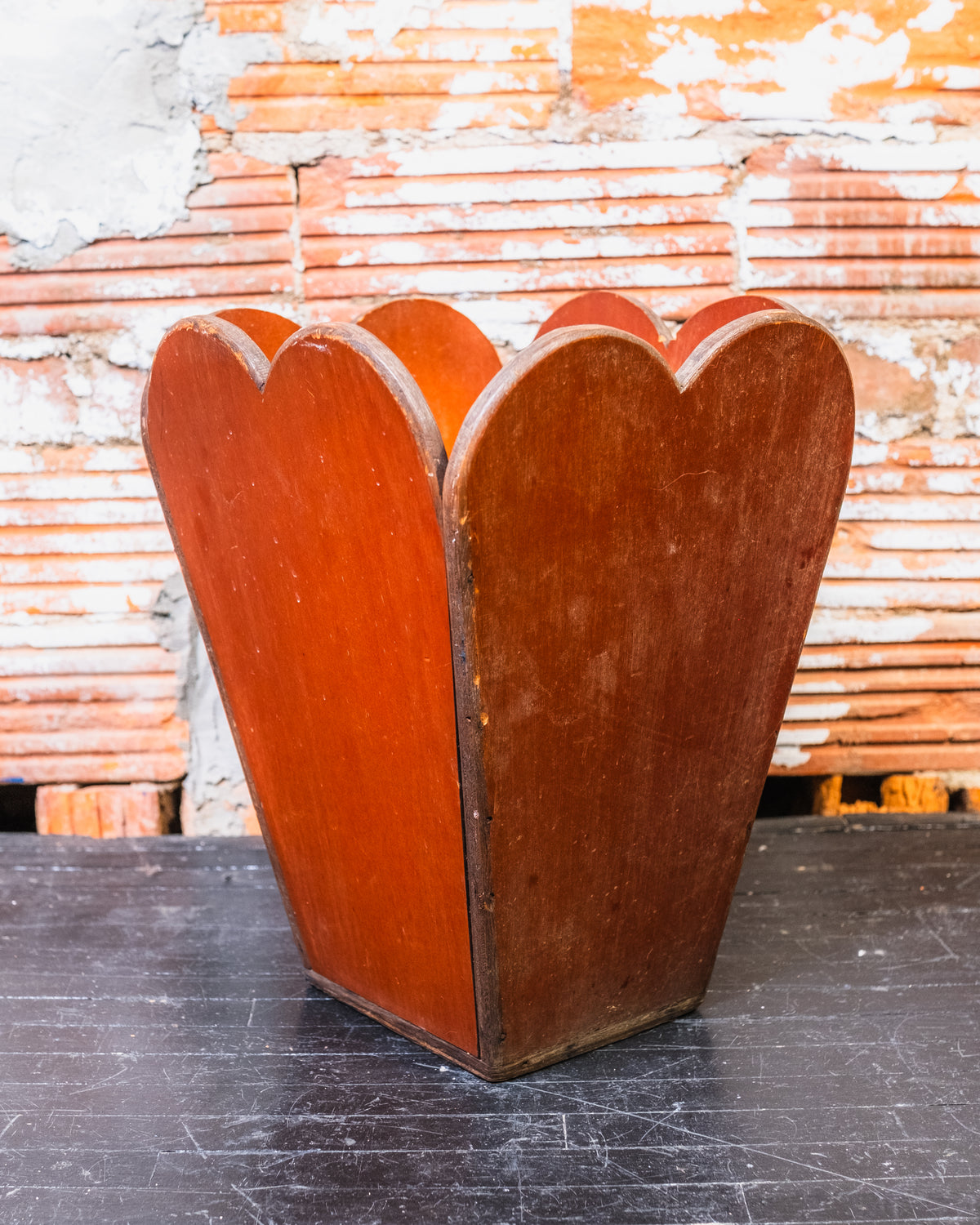 Vintage Arts & Crafts Style Wood Scalloped Top Waste Basket
