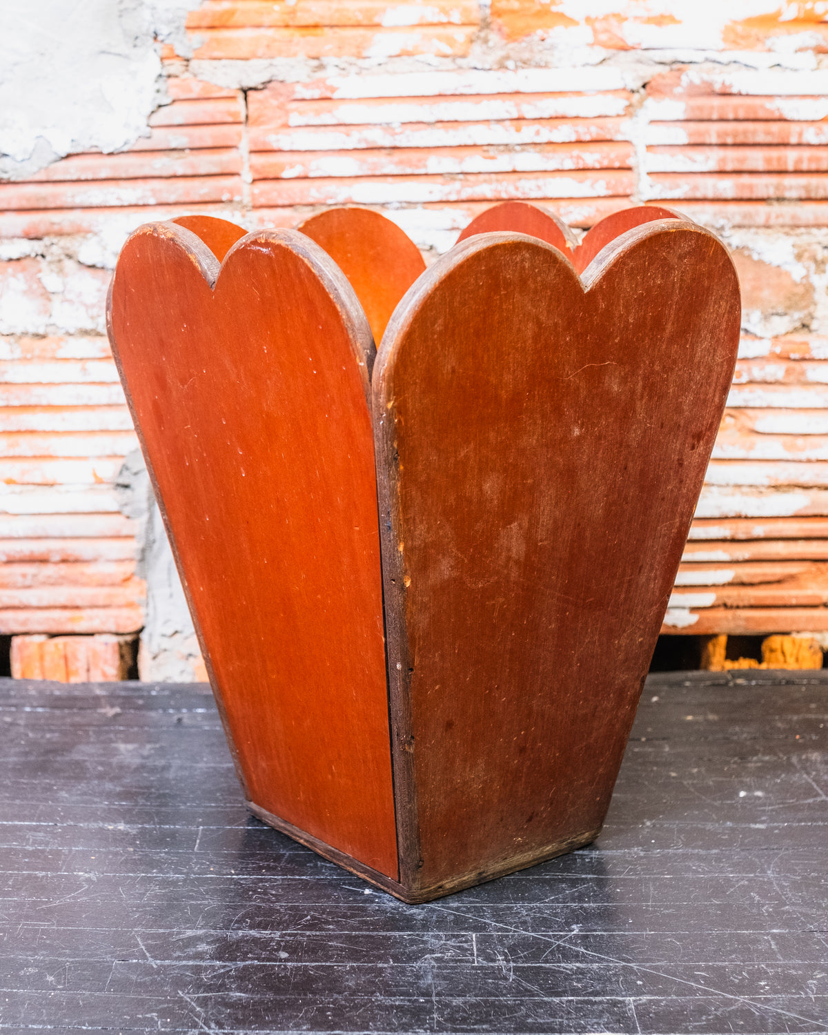 Vintage Arts & Crafts Style Wood Scalloped Top Waste Basket