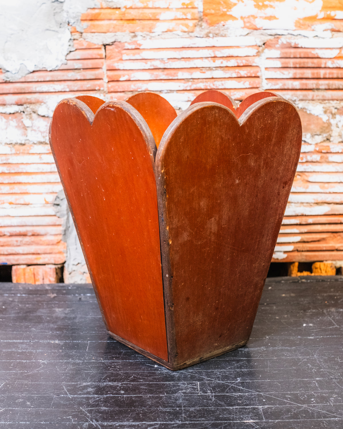 Vintage Arts & Crafts Style Wood Scalloped Top Waste Basket