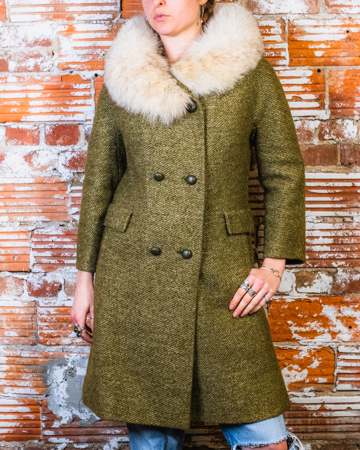 Vintage Green Speckled Wool & White Fox Fur Trim Coat