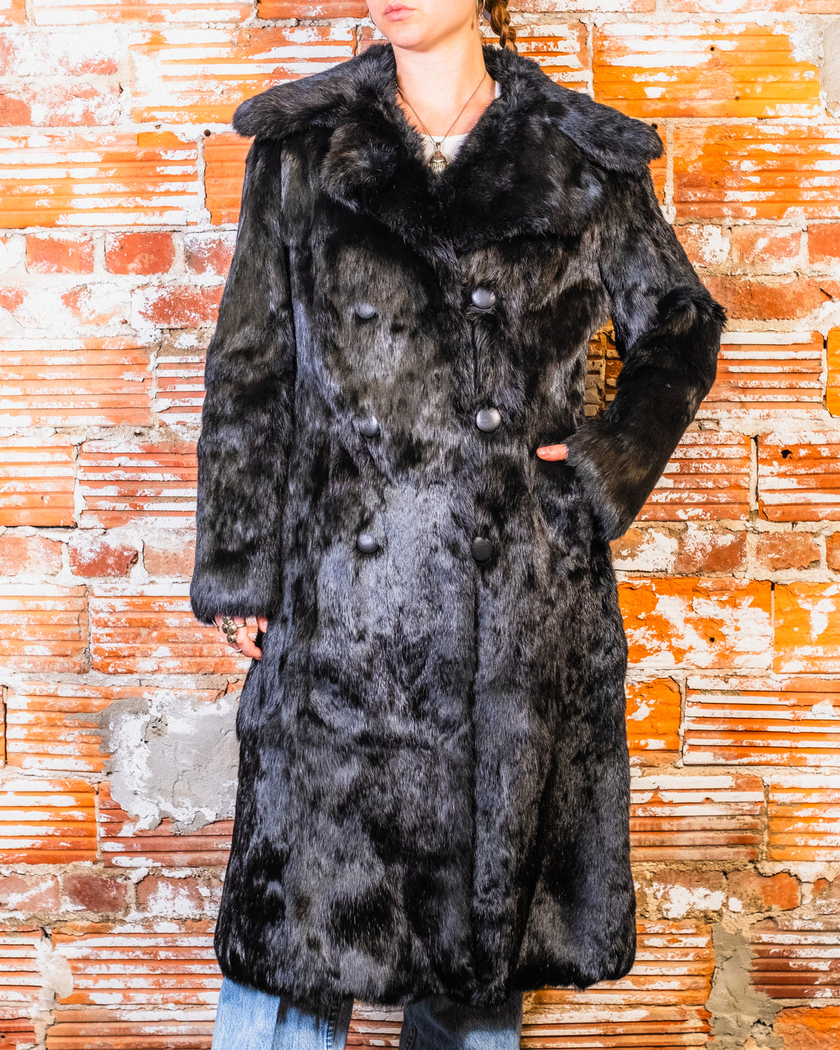 Vintage 1970's Black Genuine Rabbit Fur Wide Collar Double Breasted Coat