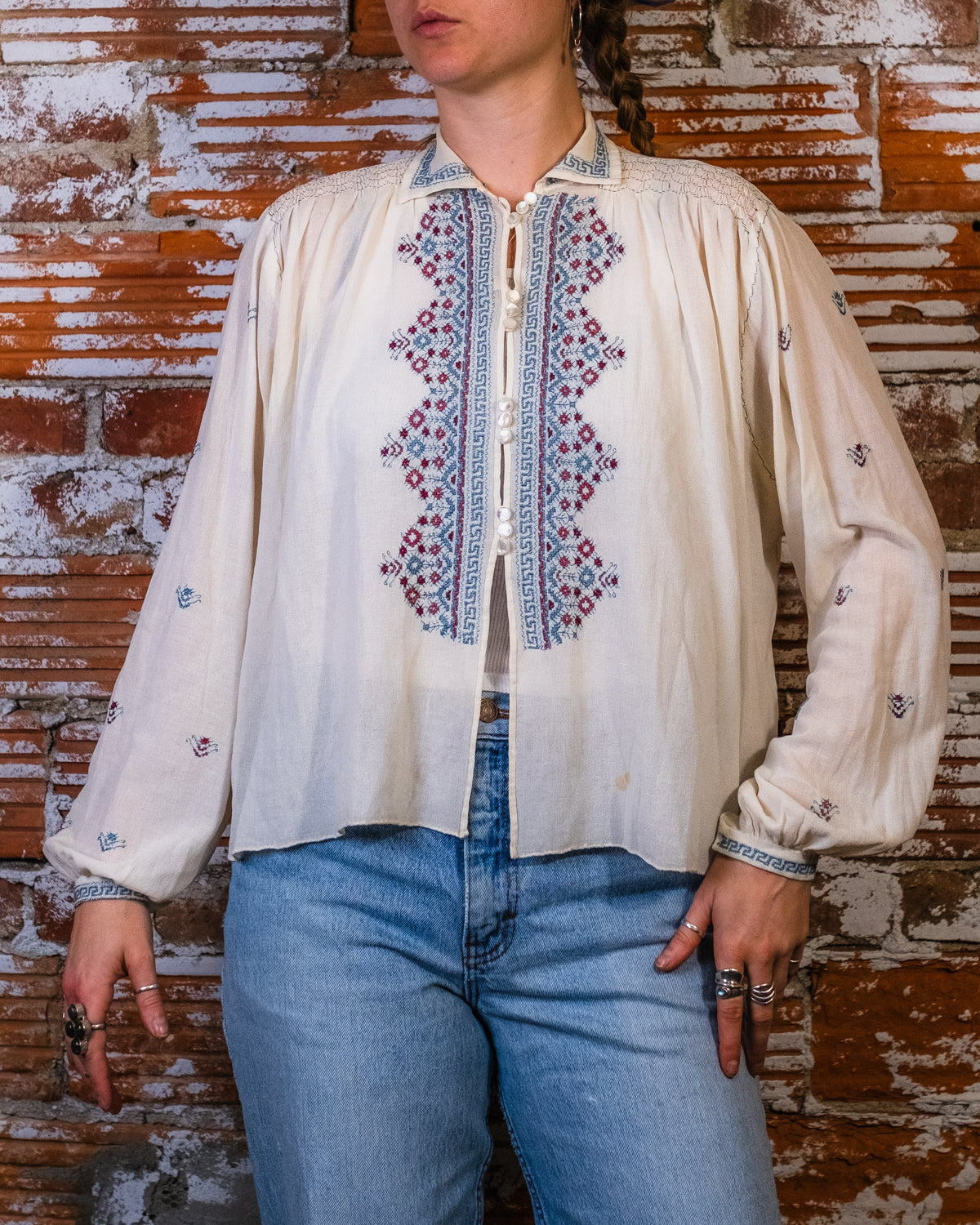 Vintage 1930's/40's Romanian Cream 100% Silk Embroidered Blouse