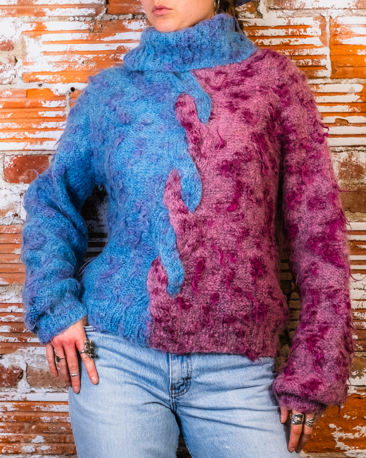 Vintage Handmade Blue & Magenta Brushed Alpaca Knit Turtleneck Sweater