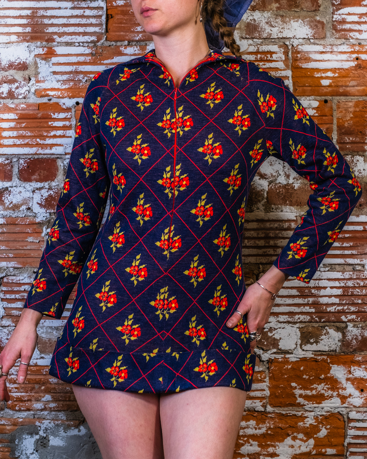 Vintage 1960's Navy Blue & Red Floral Pattern Micro Mini Dress