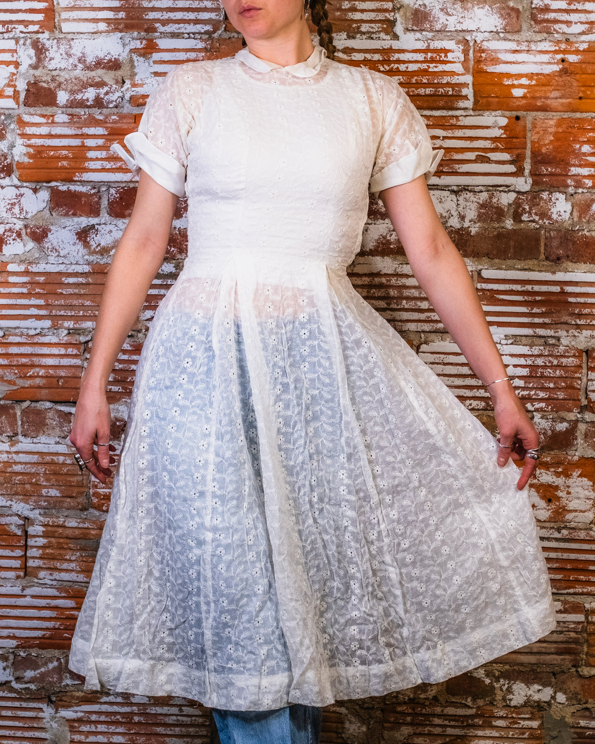 Antique 1930's White Eyelet Pattern Organza Collared Dress