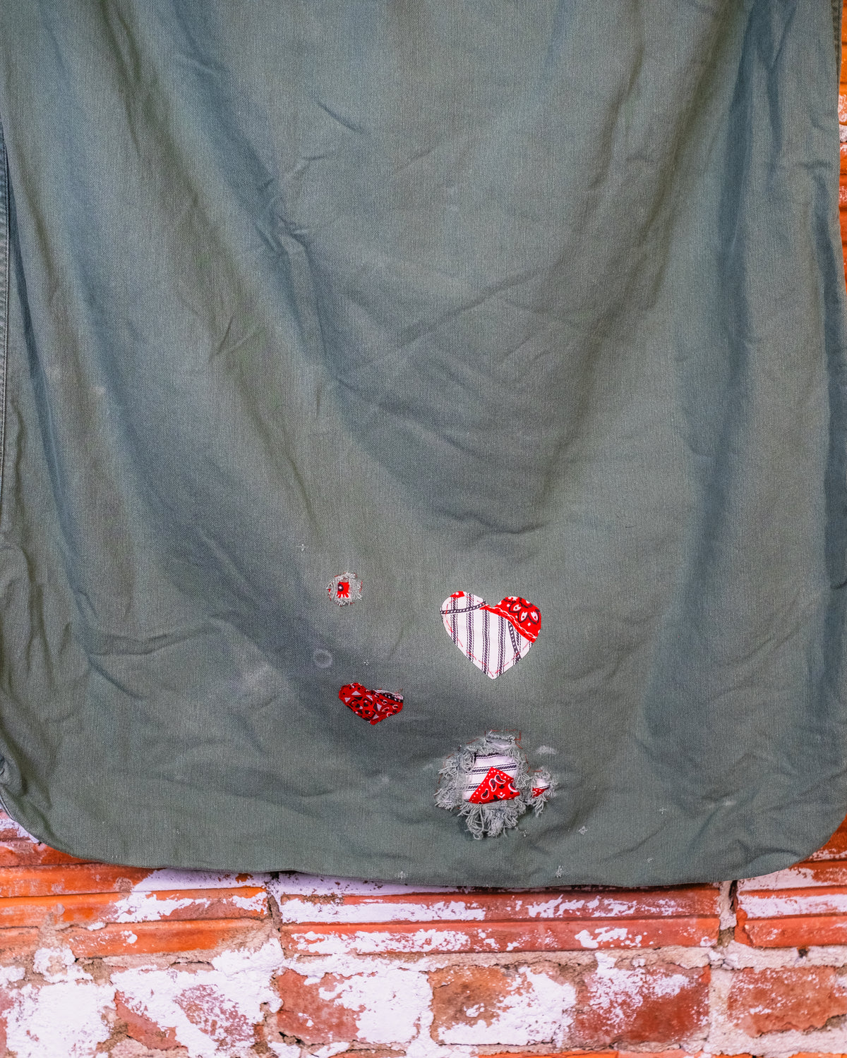 Vintage 1960s-70s US Military Green Cotton Sateen Patched Barracks Bag