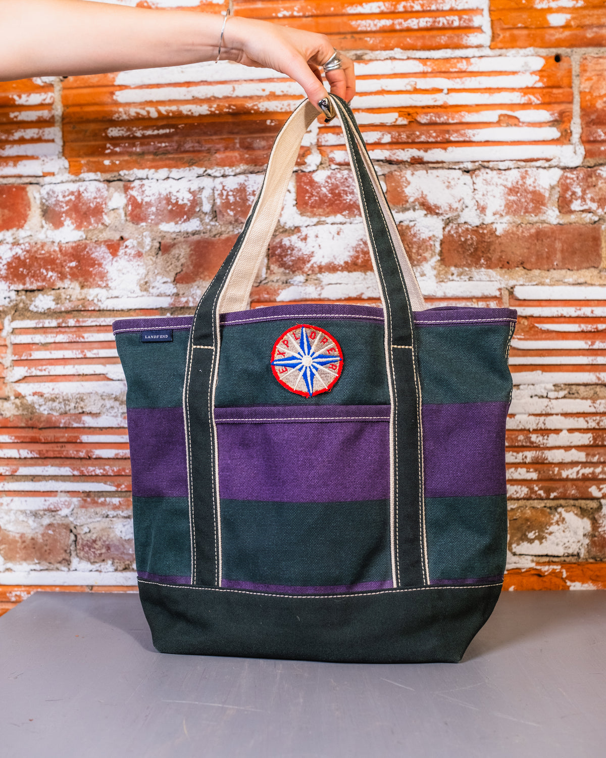 Lands' End Green and Purple Stripe Tote Bag