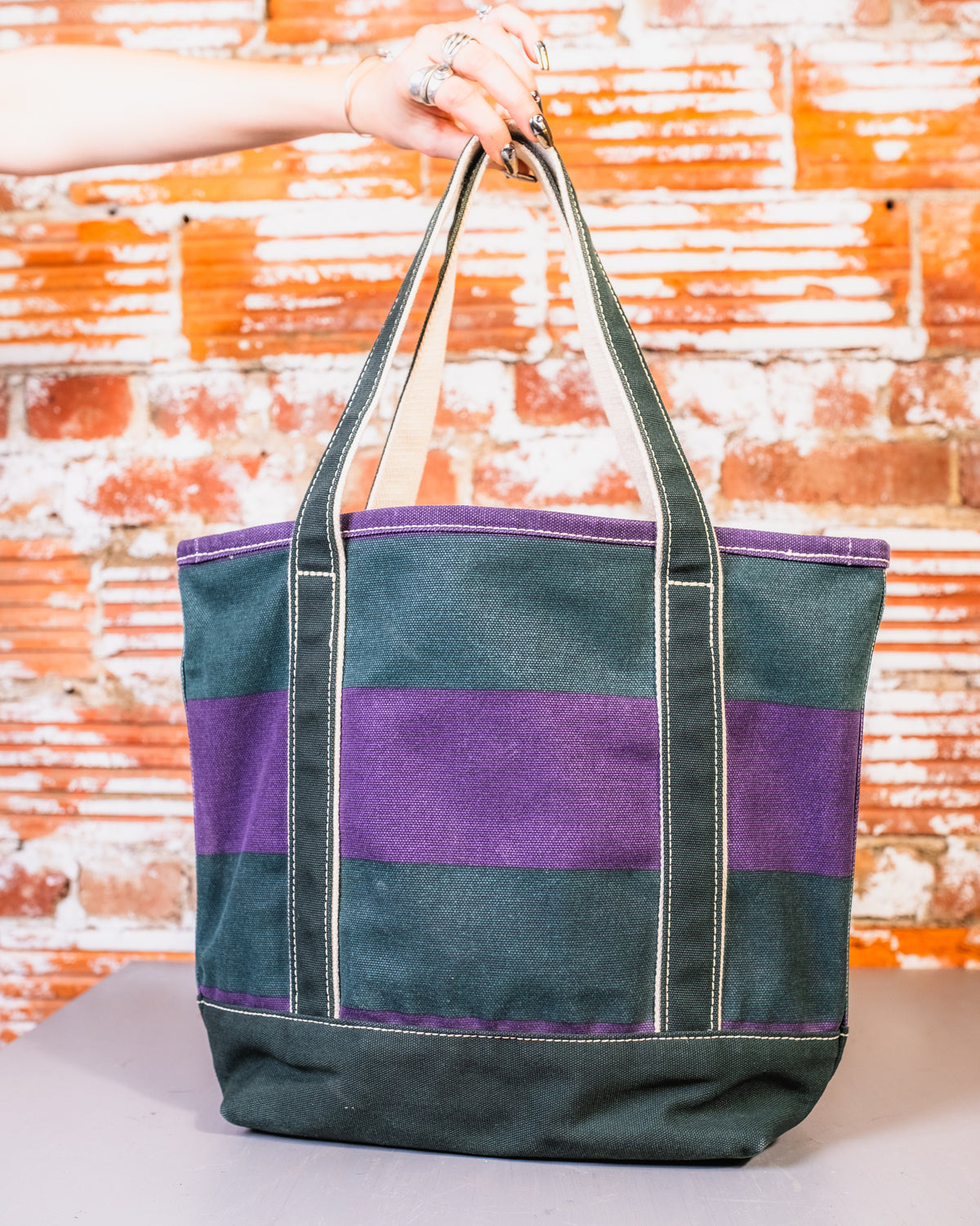 Lands' End Green and Purple Stripe Tote Bag