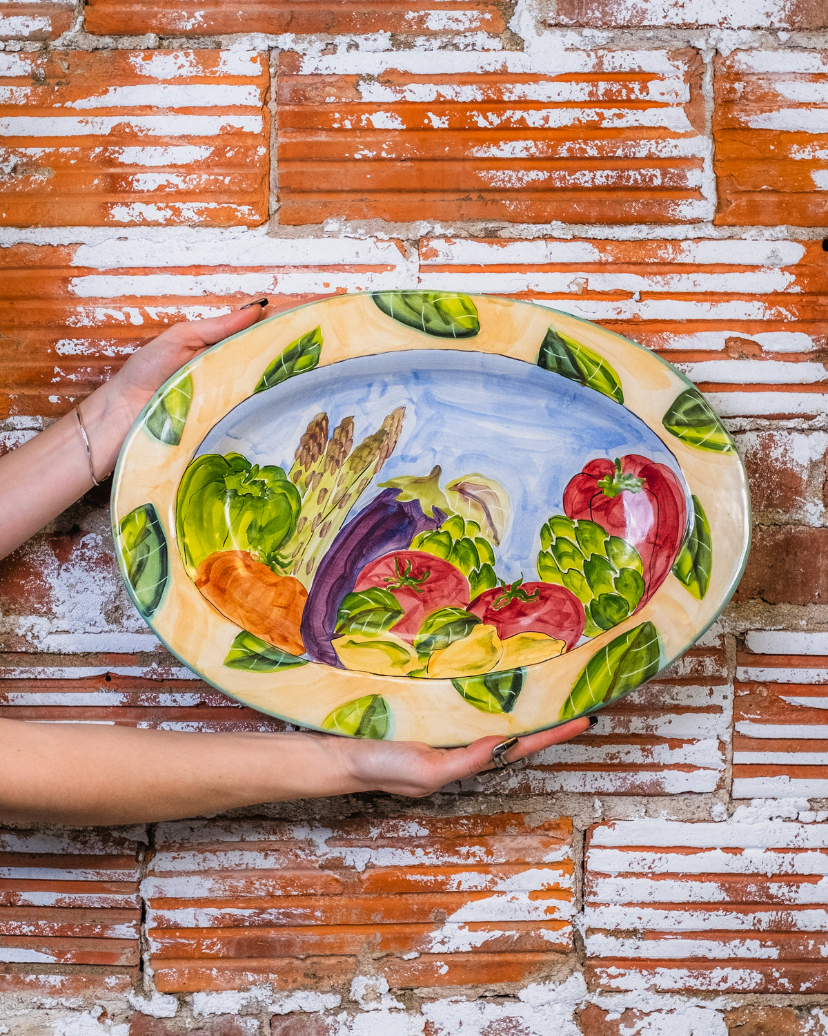 Vintage Signed Vegetable Plate with Terracotta Bottom