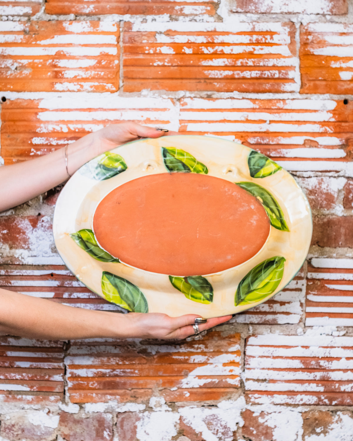 Vintage Signed Vegetable Plate with Terracotta Bottom