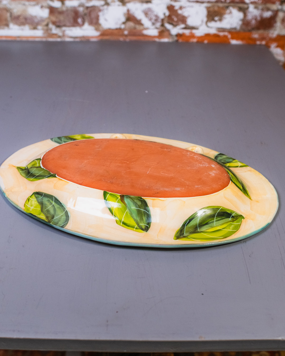 Vintage Signed Vegetable Plate with Terracotta Bottom
