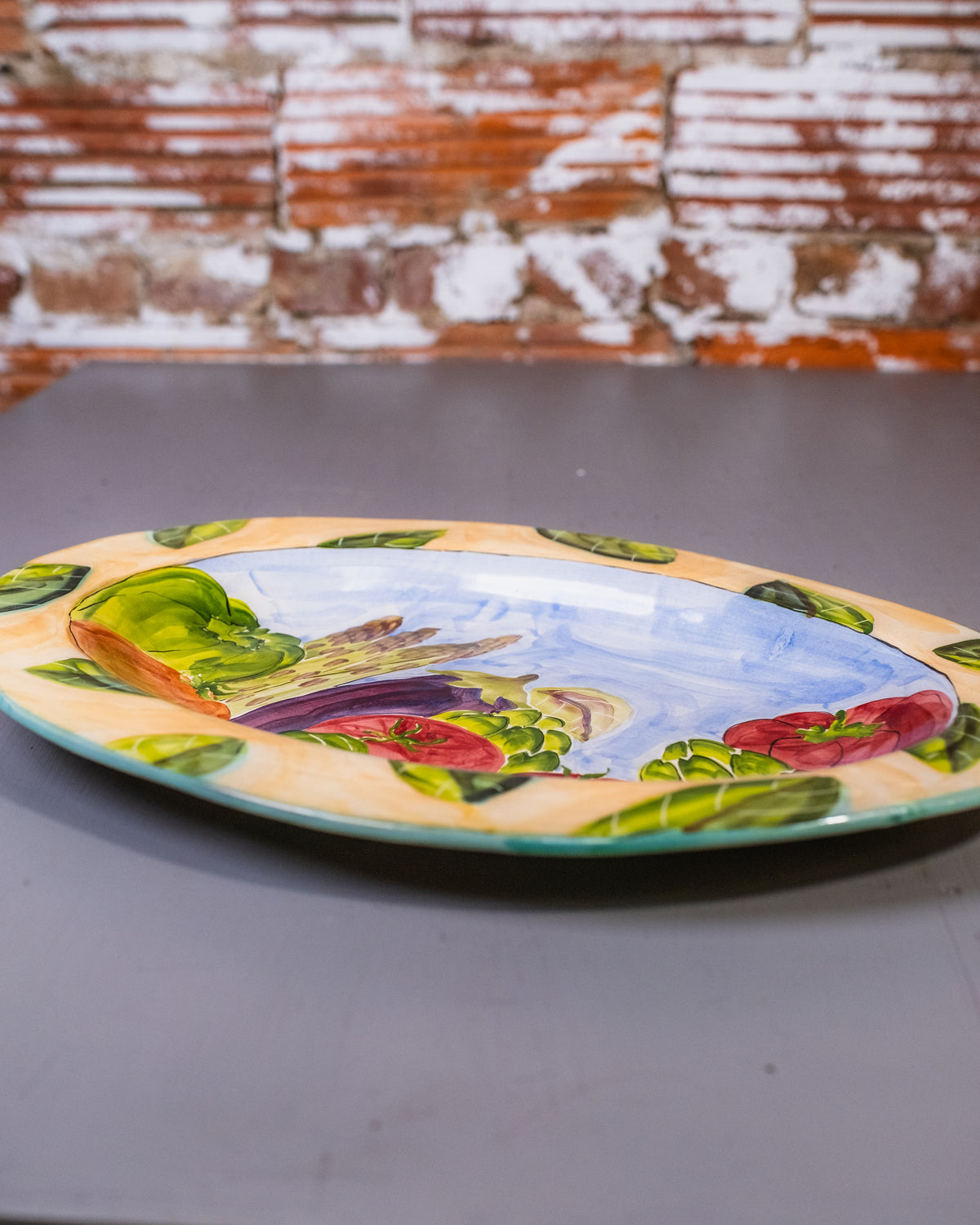 Vintage Signed Vegetable Plate with Terracotta Bottom