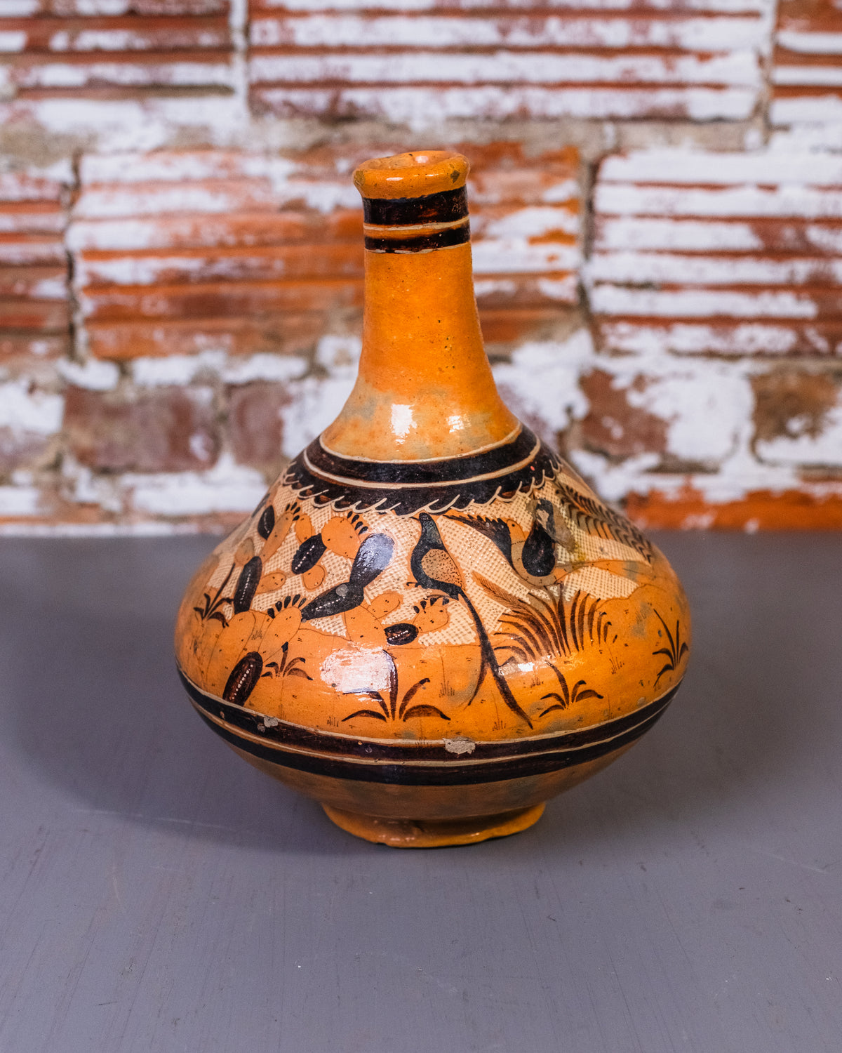 Vintage "1946" Made in Mexico Vase Signed Glazed Terracota with Brown and White Scene
