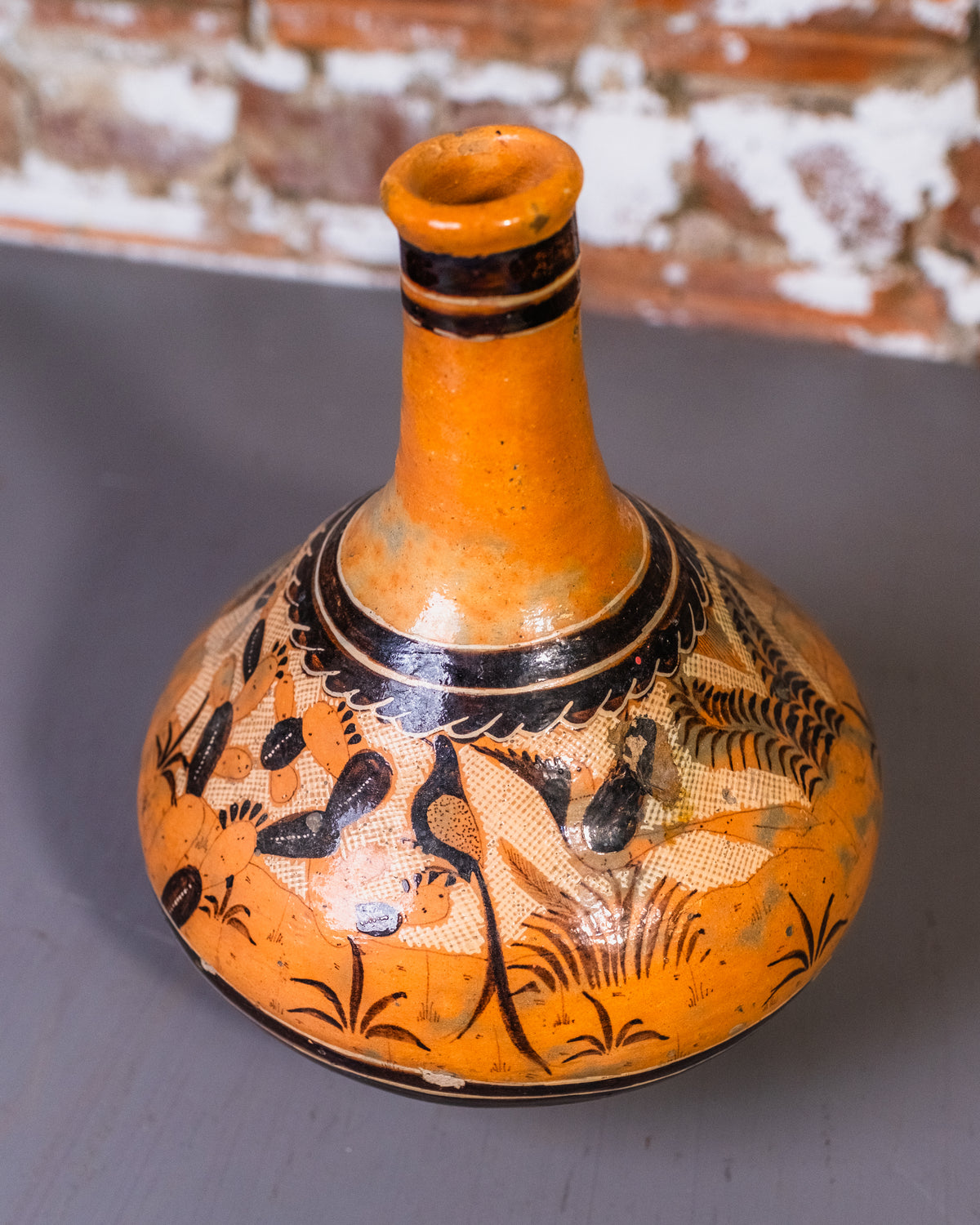 Vintage "1946" Made in Mexico Vase Signed Glazed Terracota with Brown and White Scene