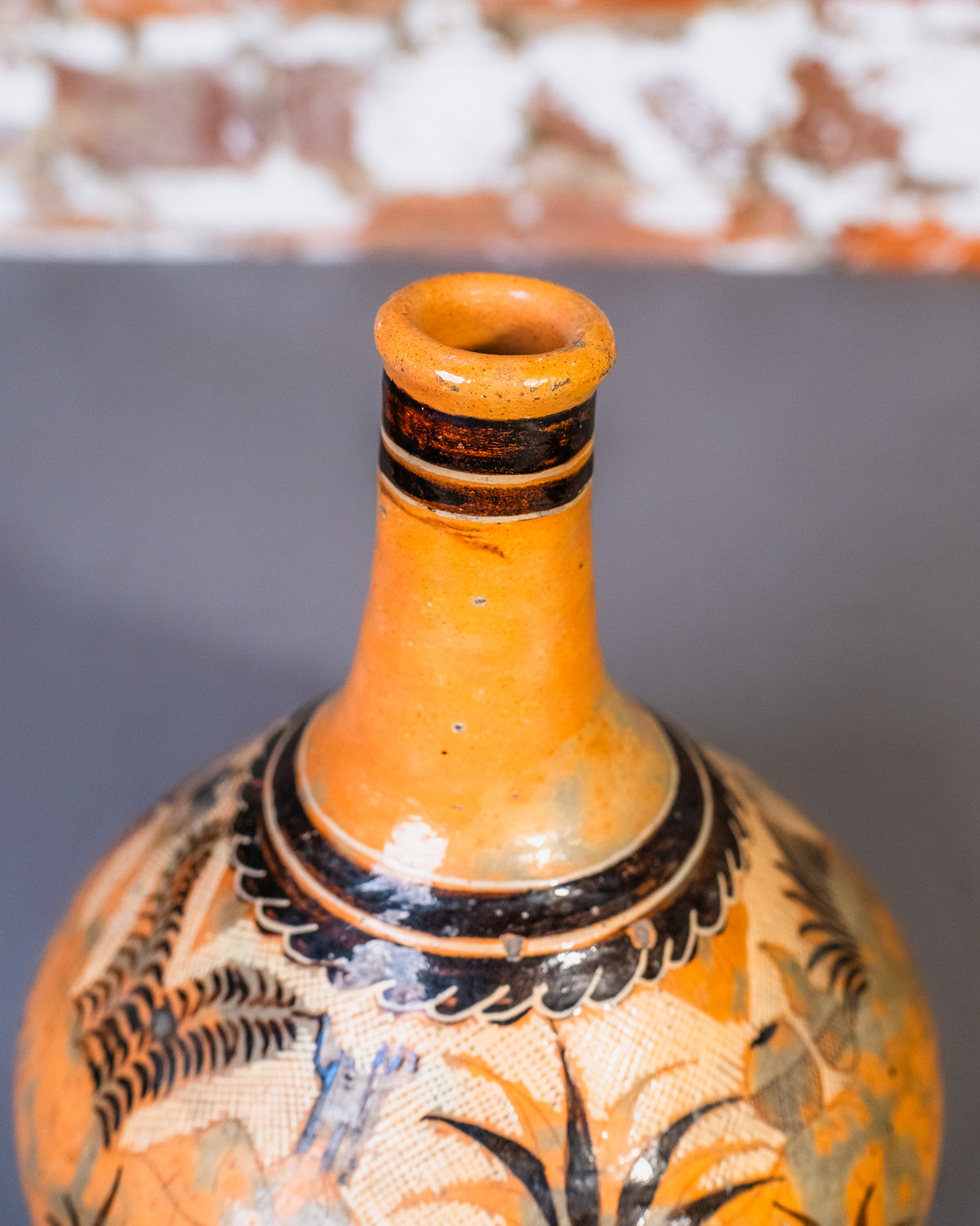 Vintage "1946" Made in Mexico Vase Signed Glazed Terracota with Brown and White Scene
